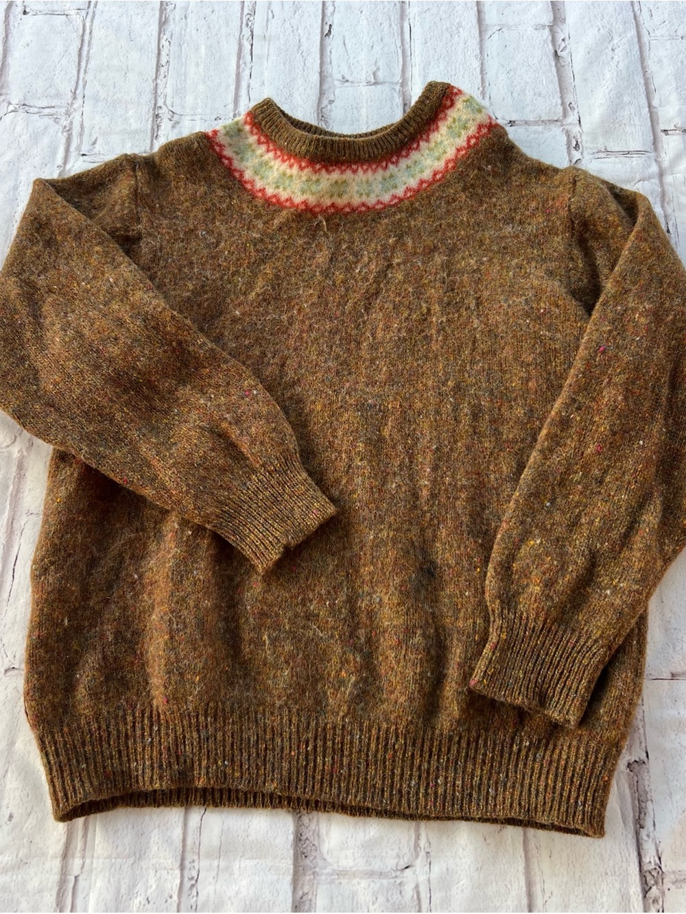 Brown Tweed Wool Fair Isle Sweater with Red & Cream Yoke 100% wool vintage